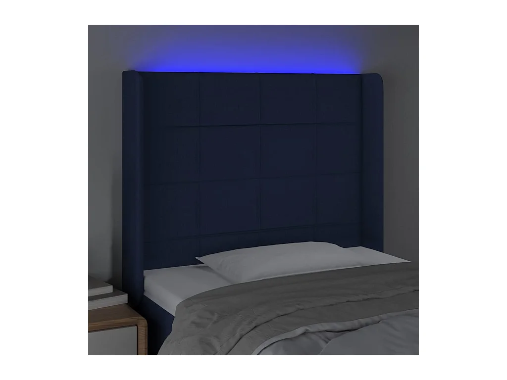 Mueble cabecero | Cabezal de cama | Cabecero con LED de tela azul 83x16x118/128 cm