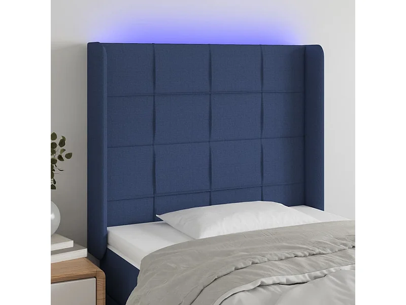 Mueble cabecero | Cabezal de cama | Cabecero con LED de tela azul 83x16x118/128 cm