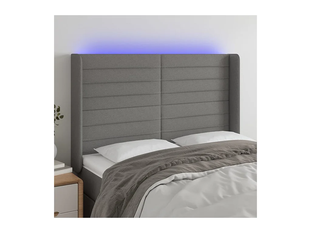 Tête de Lit | Panneau de tête pour lit Moderne à LED Gris foncé 147x16x118/128 cm Tissu