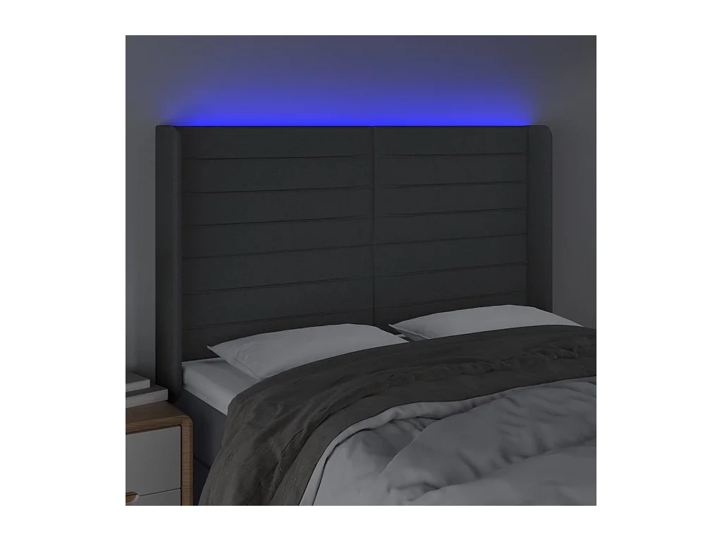 Tête de Lit | Panneau de tête pour lit Moderne à LED Gris foncé 147x16x118/128 cm Tissu