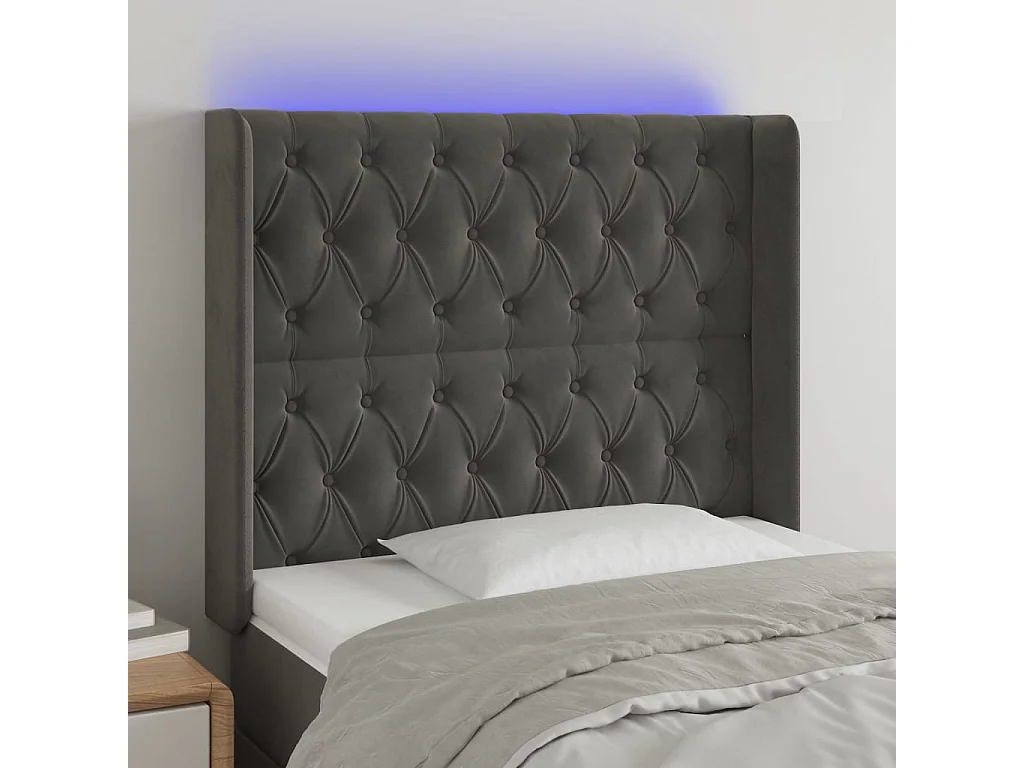 Tête de Lit | Panneau de tête pour lit Moderne à LED Gris foncé 103x16x118/128 cm Velours