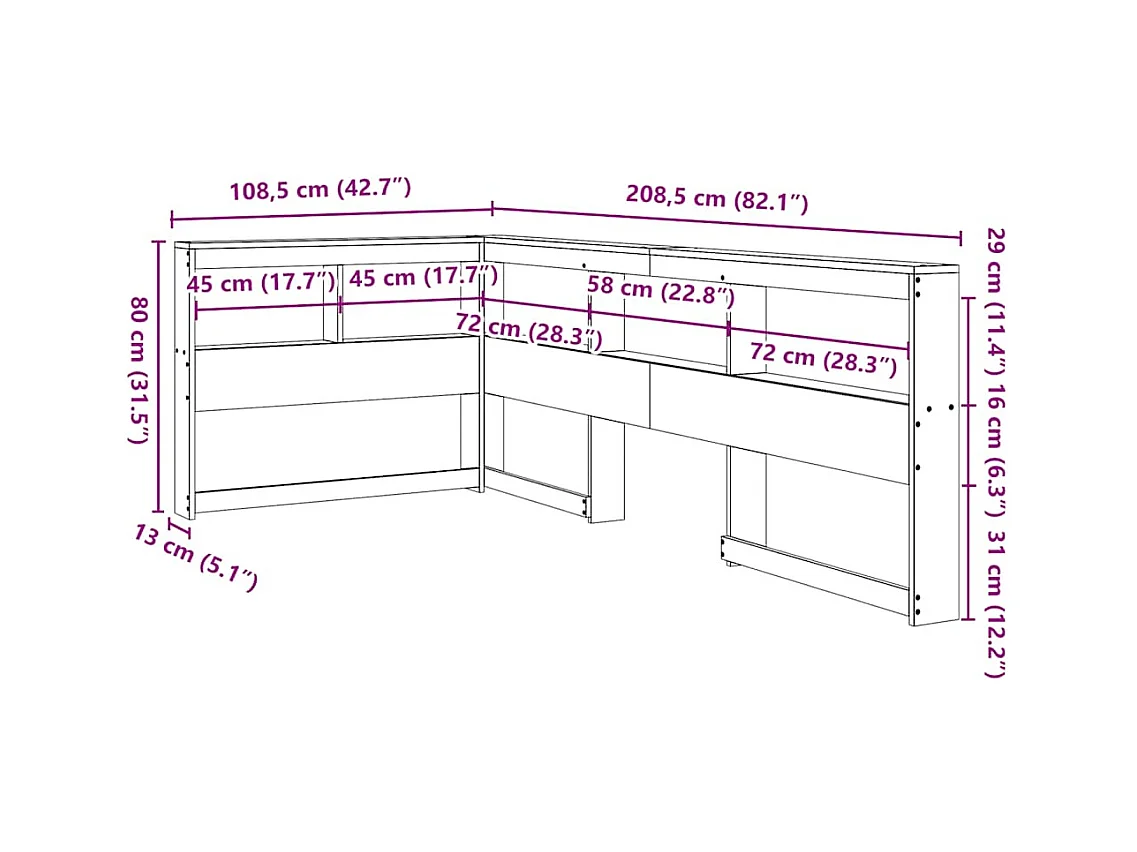 Mueble cabecero | Cabecero | Cabezal de cama librería en forma de L madera maciza pino blanco 90cm