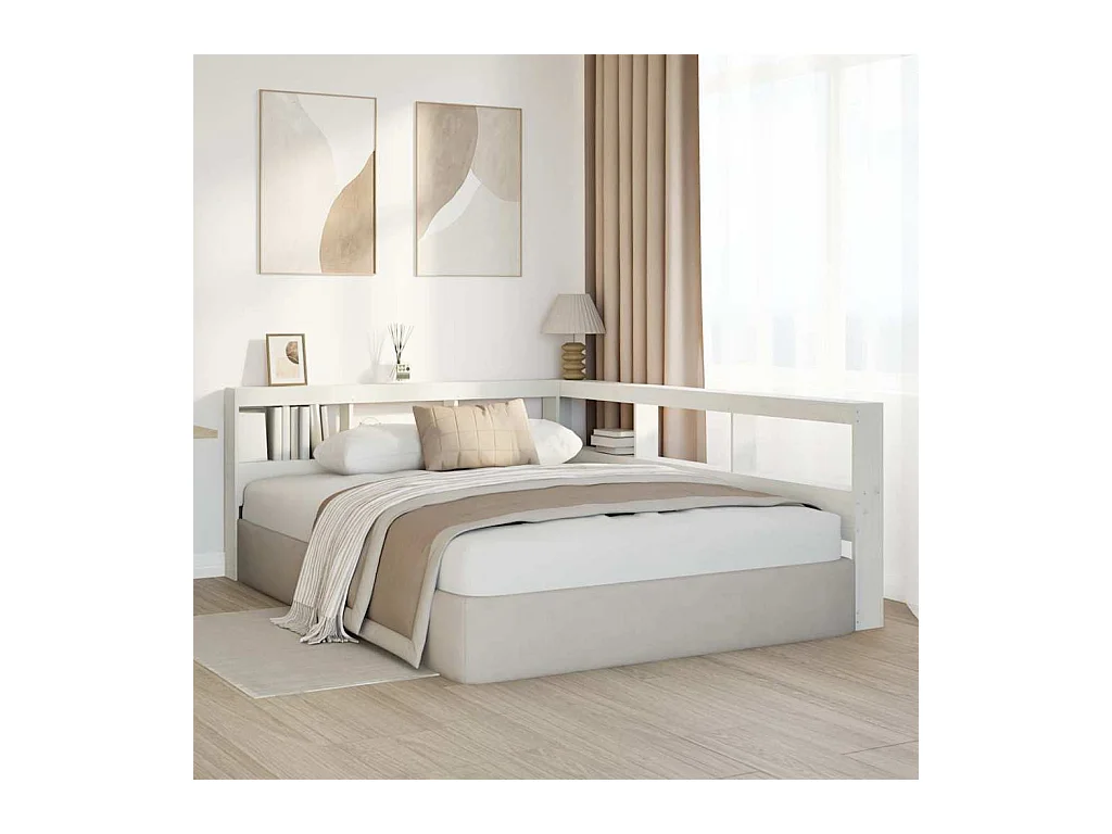 Mueble cabecero | Cabecero | Cabezal de cama librería en forma L madera maciza pino blanco 150 cm