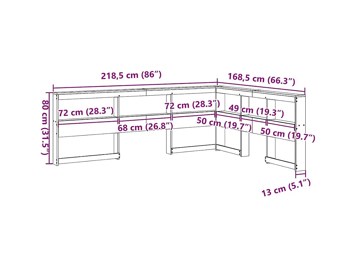 Mueble cabecero | Cabecero | Cabezal de cama librería en forma L madera maciza pino blanco 150 cm