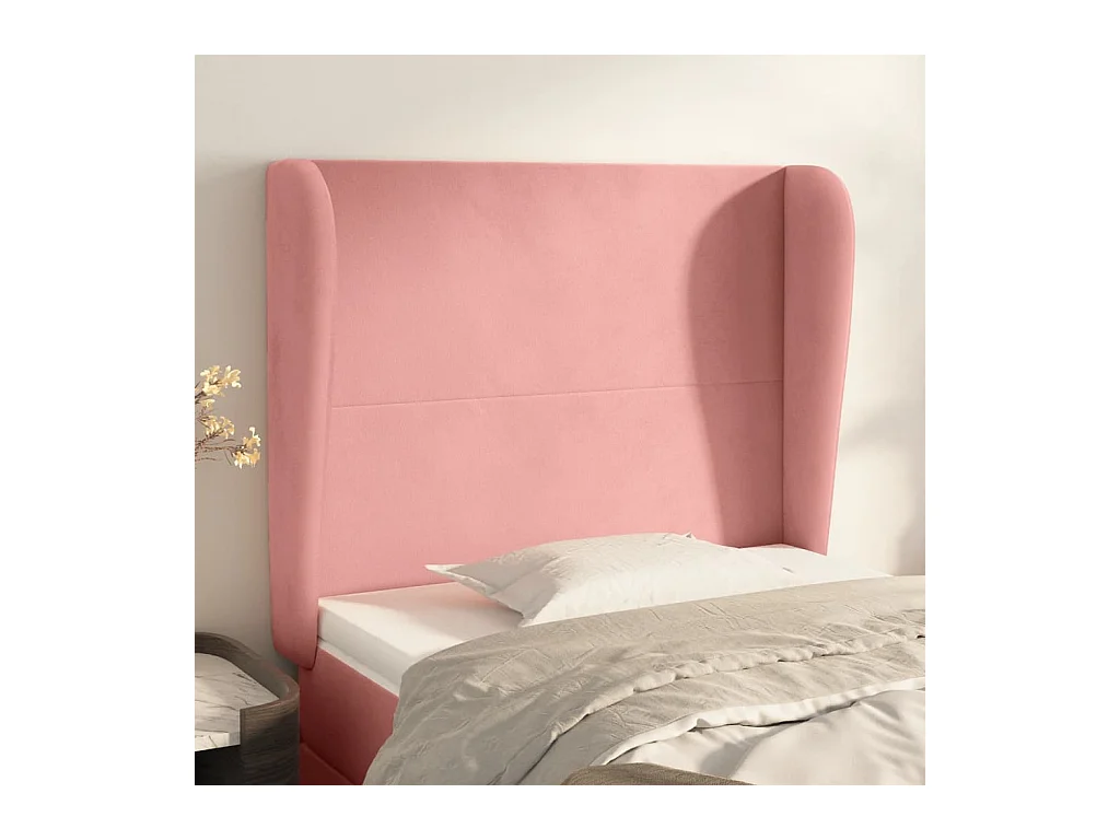 Cabecero | Cabezal de Cama | Mueble cabecero con orejas de terciopelo rosa 93x23x118/128 cm