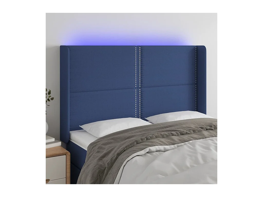 Mueble cabecero | Cabezal de cama | Cabecero con LED de tela azul 147x16x118/128 cm