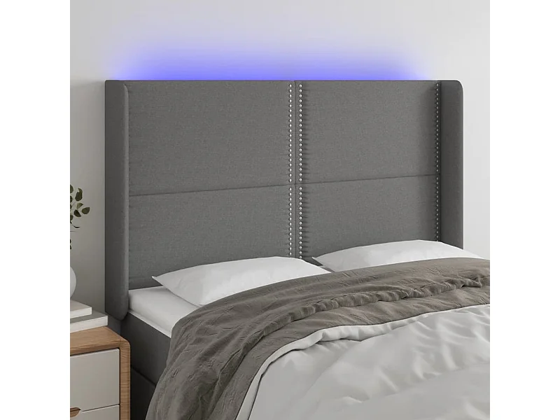 Mueble cabecero | Cabezal de cama | Cabecero con LED de tela gris oscuro 147x16x118/128 cm