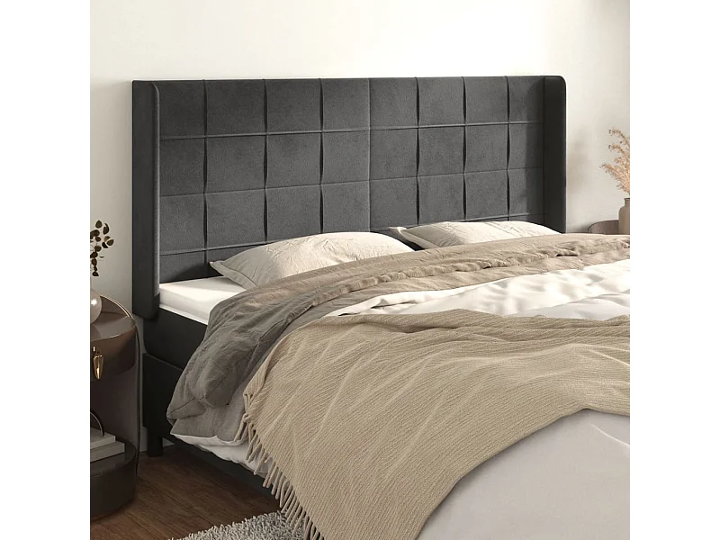 Cabecero | Cabezal de Cama | Mueble cabecero con orejas de terciopelo gris oscuro 203x16x118/128 cm