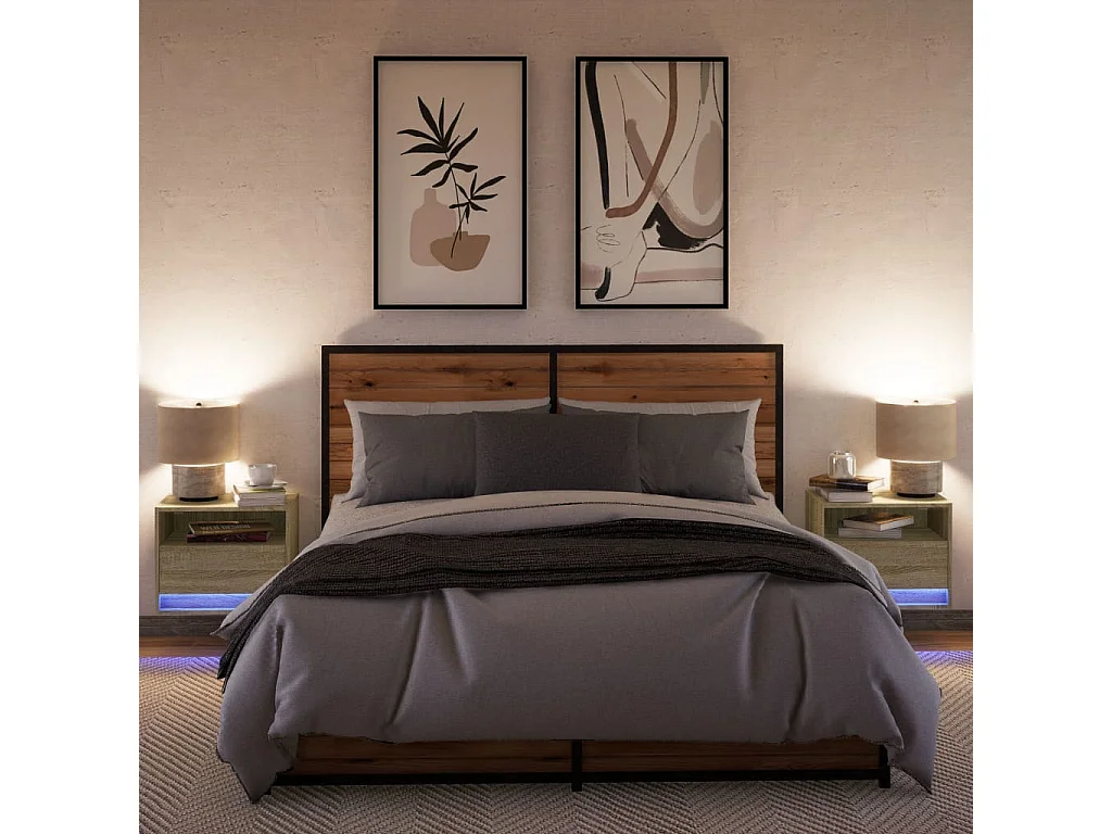 Nachttisch hängend 2er Set mit LED-Leuchten | Wand-Nachttische Sonoma-Eiche SHL58738