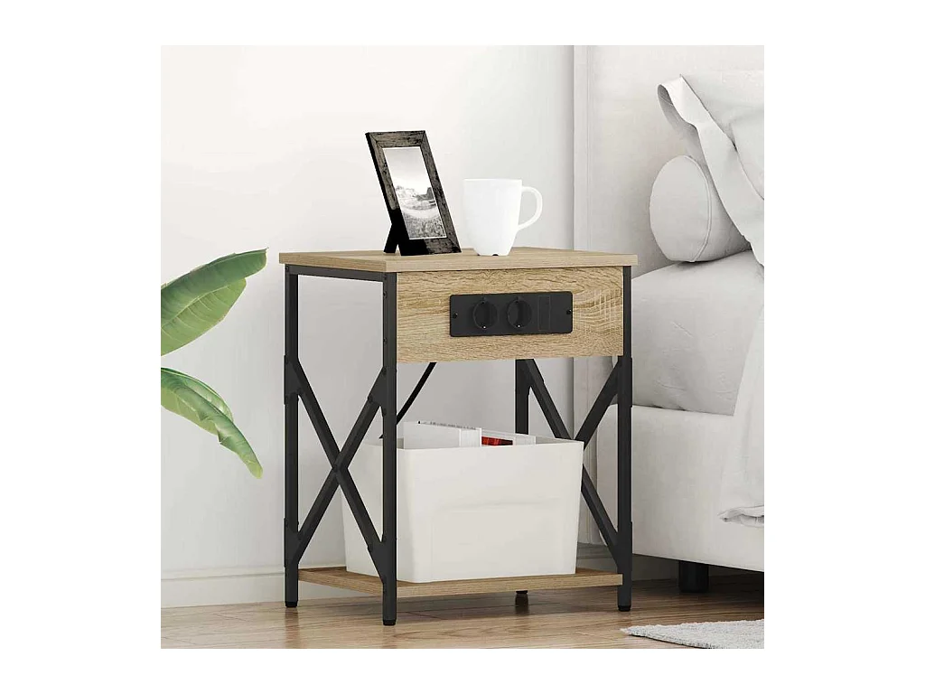 Mesita de Noche | Mesa auxiliar con Estación de Carga 2 uds. Roble Sonoma