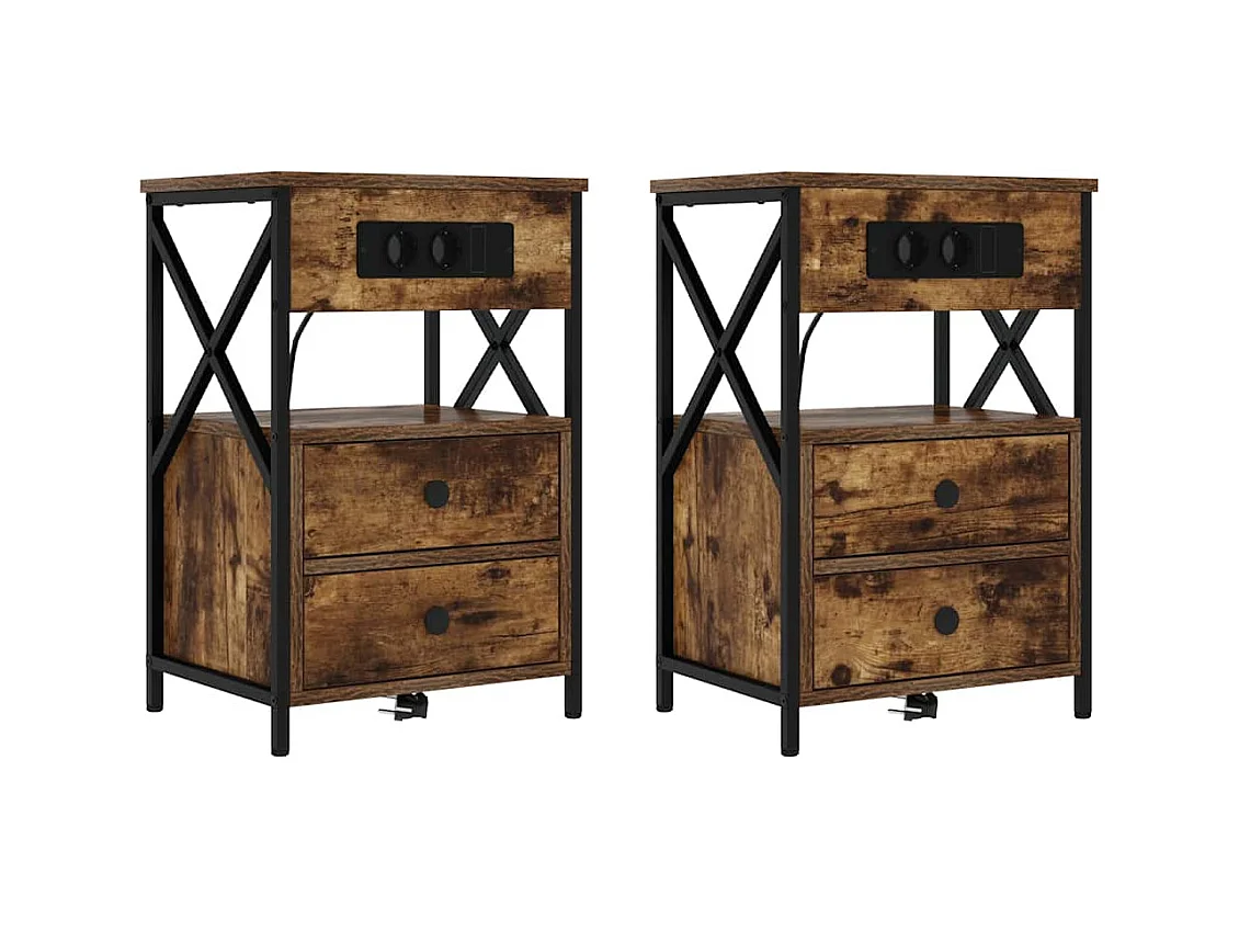 Mesita de Noche | Mesa auxiliar con Estación de Carga 2 uds. Roble ahumado