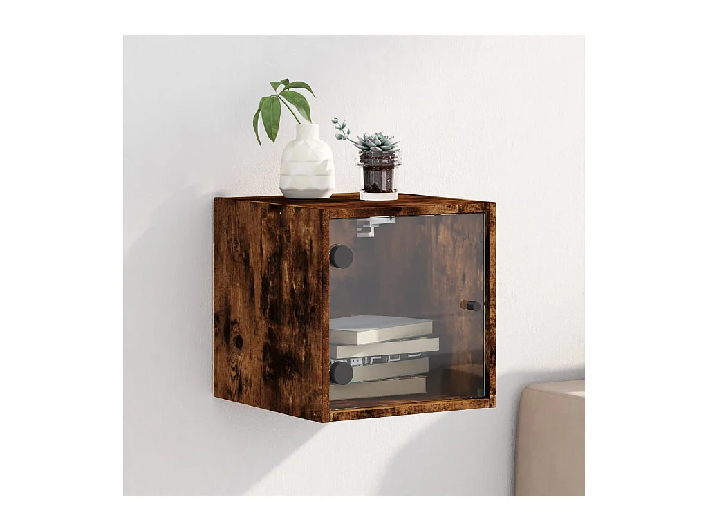 Mesita de noche | Mesilla de noche con puerta de vidrio roble ahumado 35x37x35 cm