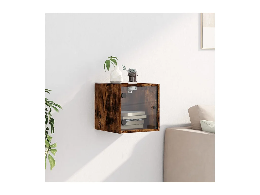 Mesita de noche | Mesilla de noche con puerta de vidrio roble ahumado 35x37x35 cm