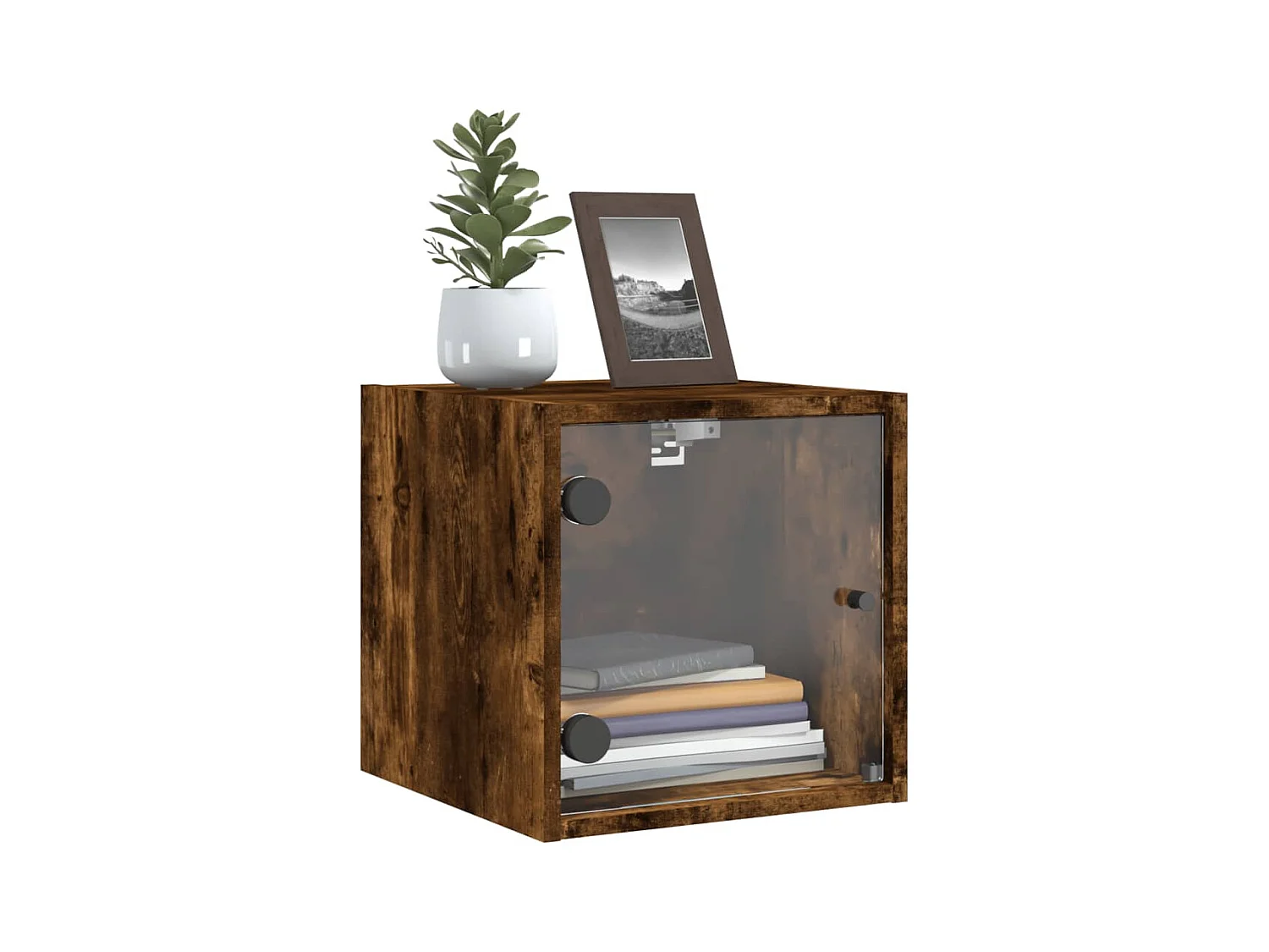 Mesita de noche | Mesilla de noche con puerta de vidrio roble ahumado 35x37x35 cm