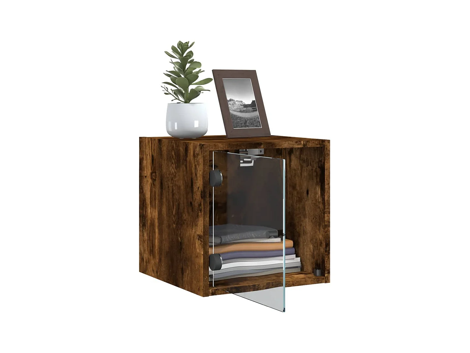 Mesita de noche | Mesilla de noche con puerta de vidrio roble ahumado 35x37x35 cm