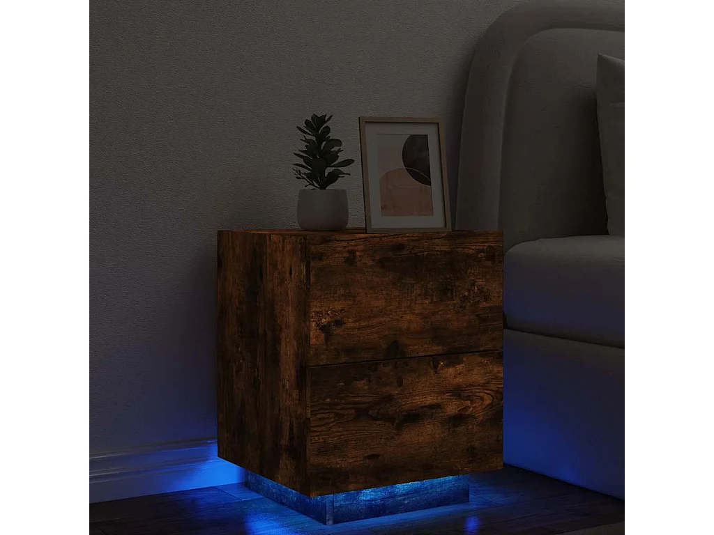 Mesita de noche | Mesilla de noche con luces LED madera ingeniería roble ahumado