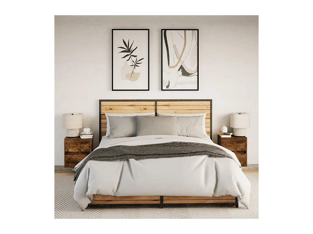 Mesitas de noche | Mesilla de noche de pared con luces LED 2 uds roble ahumado