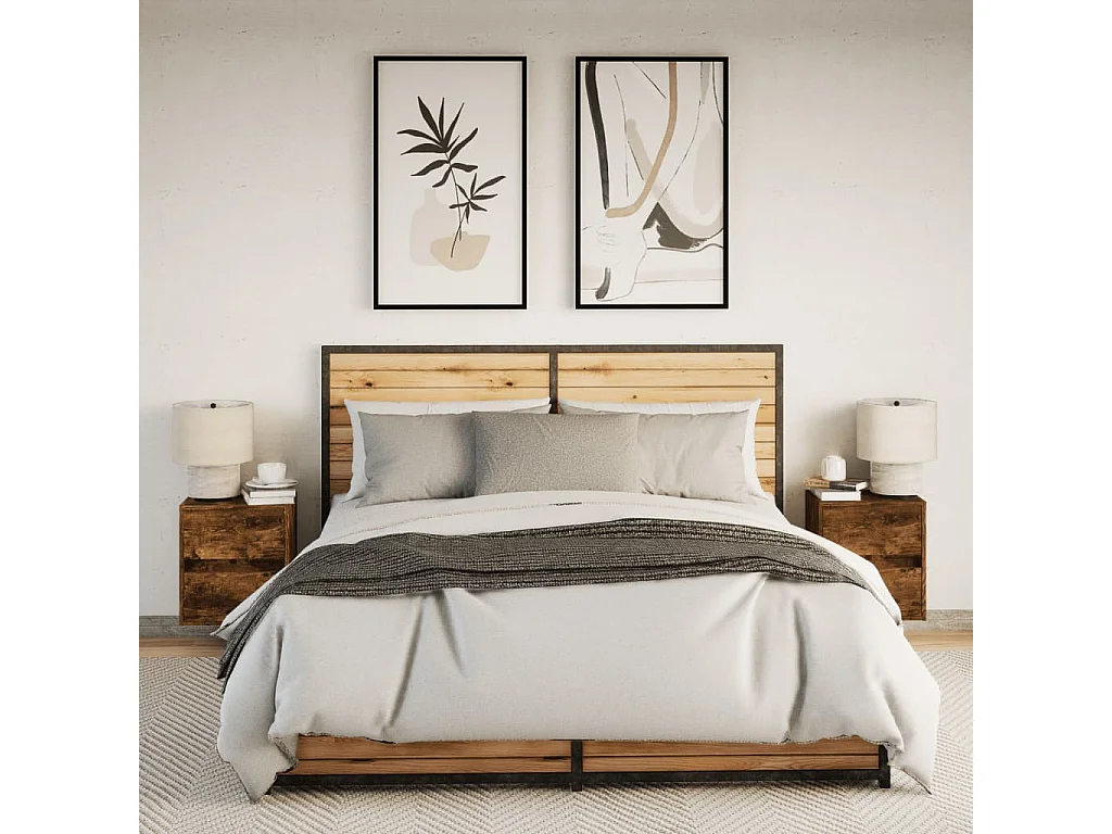 Nachttisch hängend 2er Set mit LED-Leuchten | Wand-Nachttische Räuchereiche SHL98914