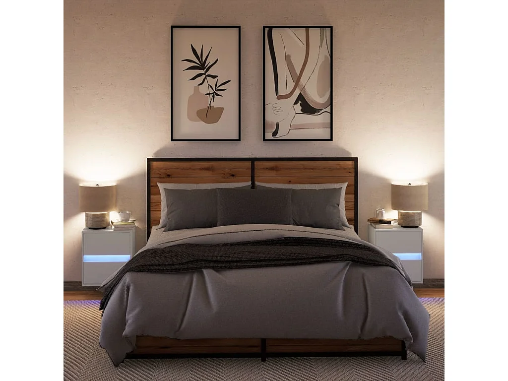 Nachttisch hängend 2er Set mit LED-Leuchten | Wand-Nachttische Weiß SHL76599