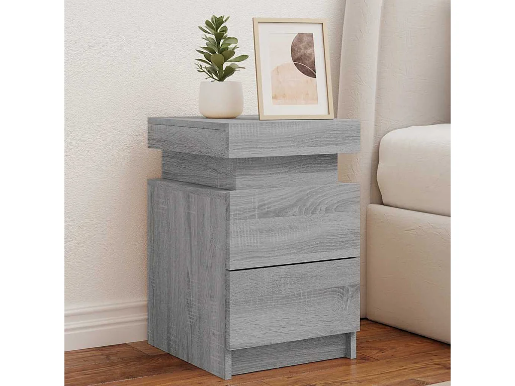 Nachttisch-Beistelltisch-Nachtschrank mit LED-Leuchten Grau Sonoma 35x39x55 cm SHL14919