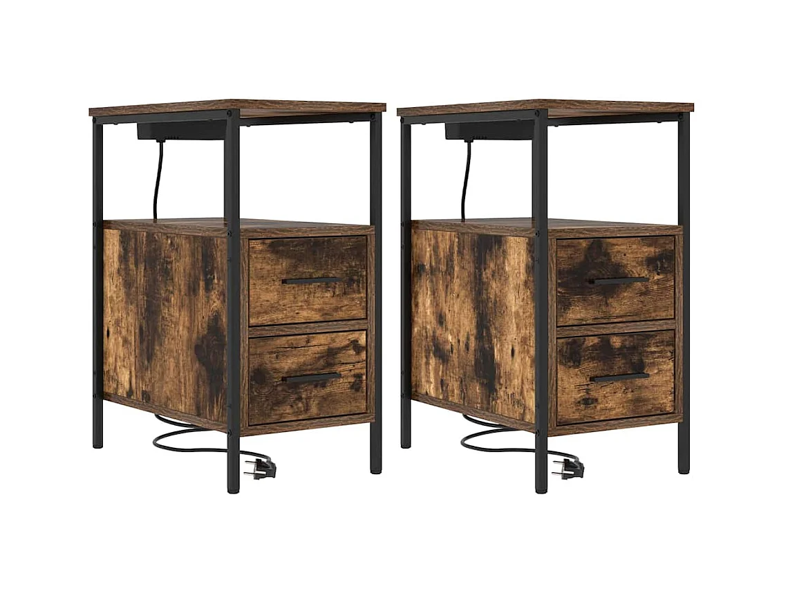 Mesa de Noche | Mesa auxiliar con cajón 2 uds. Roble ahumado 30x48x61 cm