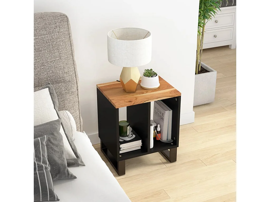 Mesita de Noche | Mesa auxiliar madera maciza acacia y contrachapada 40x31x46 cm
