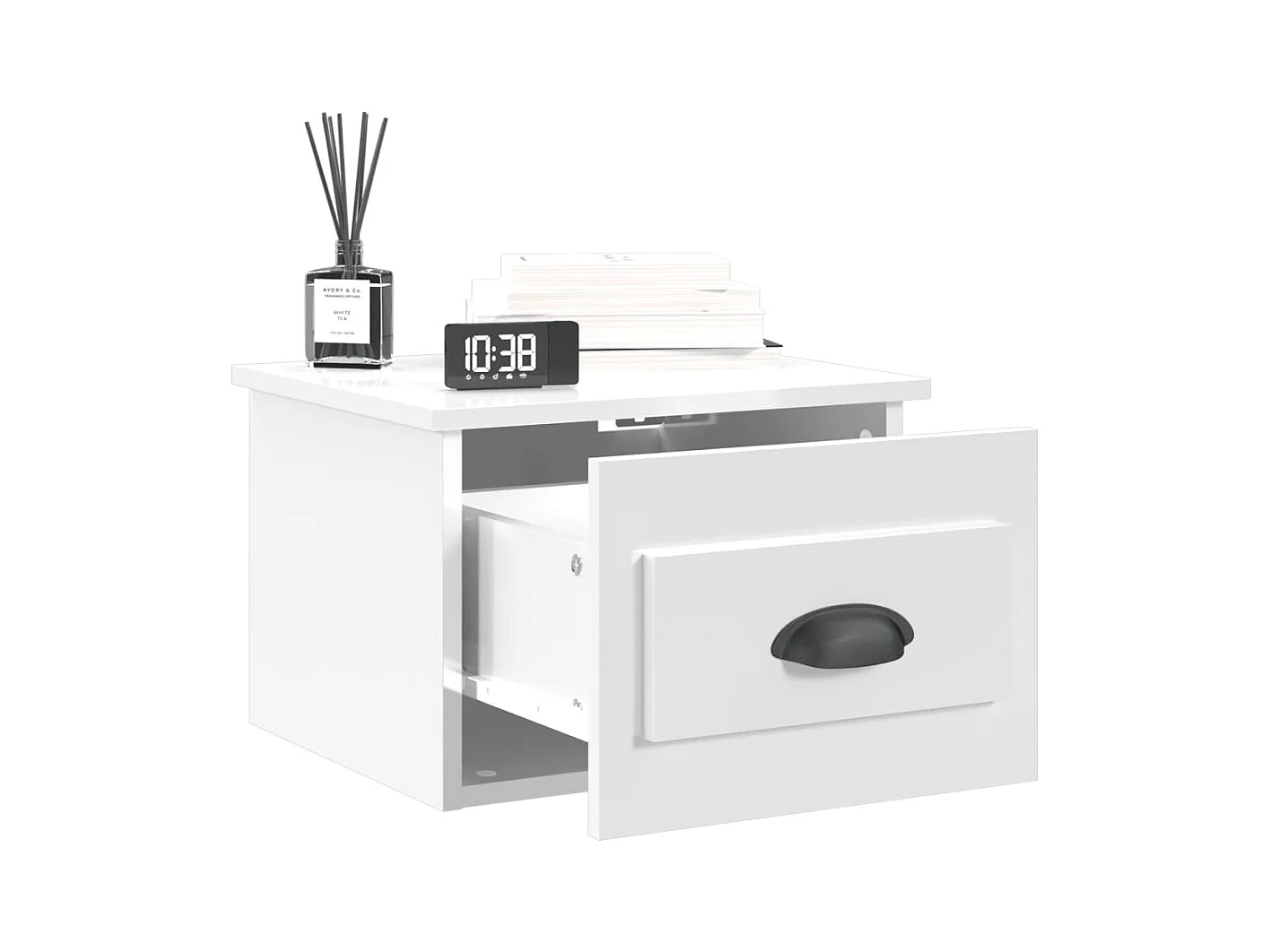 Mesita de noche | Mesilla de noche de pared blanco brillante 41,5x36x28 cm