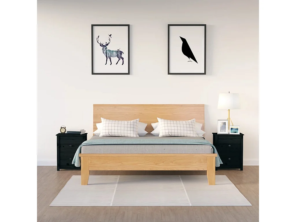 Nachttisch 2er Set-Beistelltisch-Nachttischkommode Schwarz 50x35x61,5 cm Massivholz Kiefer SHL96615