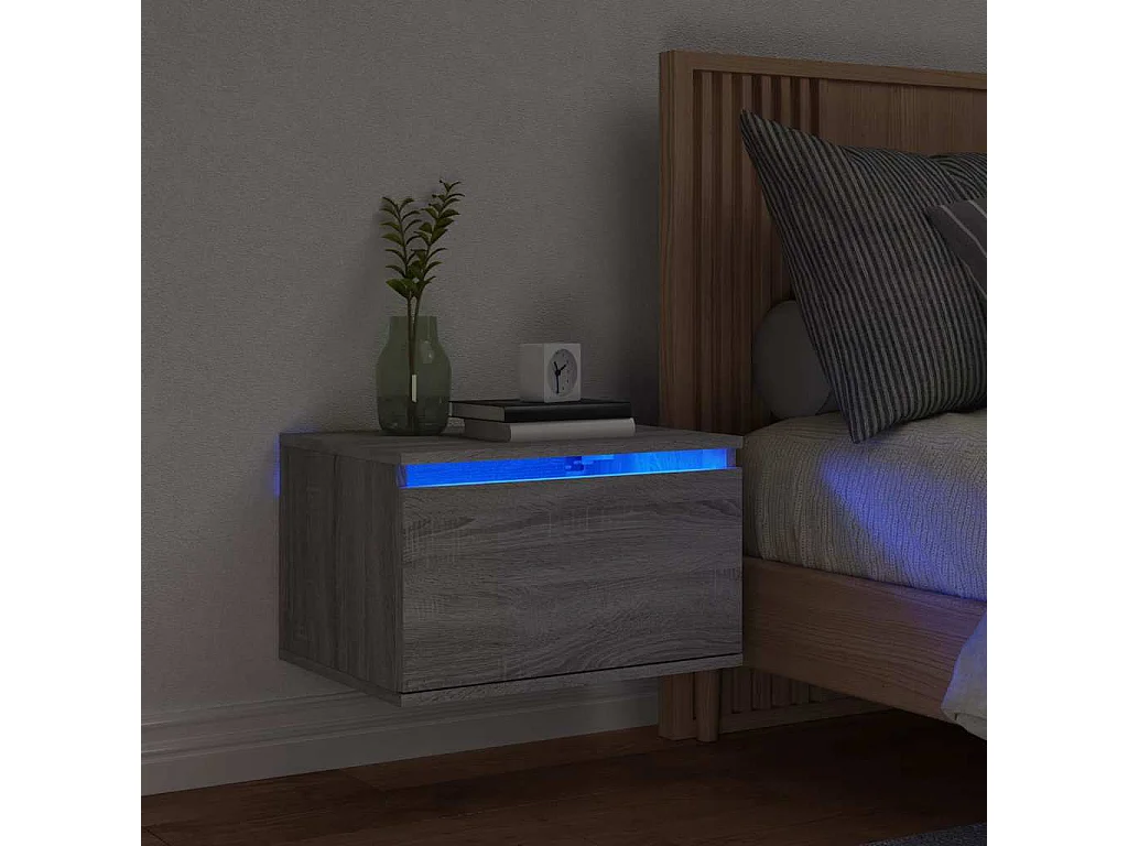 Mesita de noche | Mesilla de noche de pared con luces LED gris Sonoma