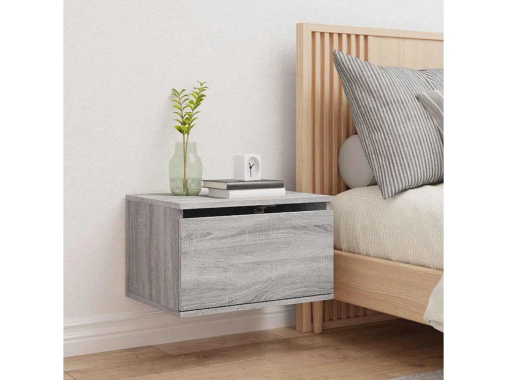 Mesita de noche | Mesilla de noche de pared con luces LED gris Sonoma