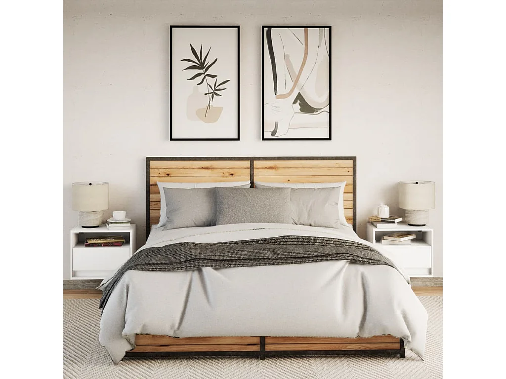 Nachttisch hängend 2er Set mit LED-Leuchten | Wand-Nachttische Weiß SHL46876