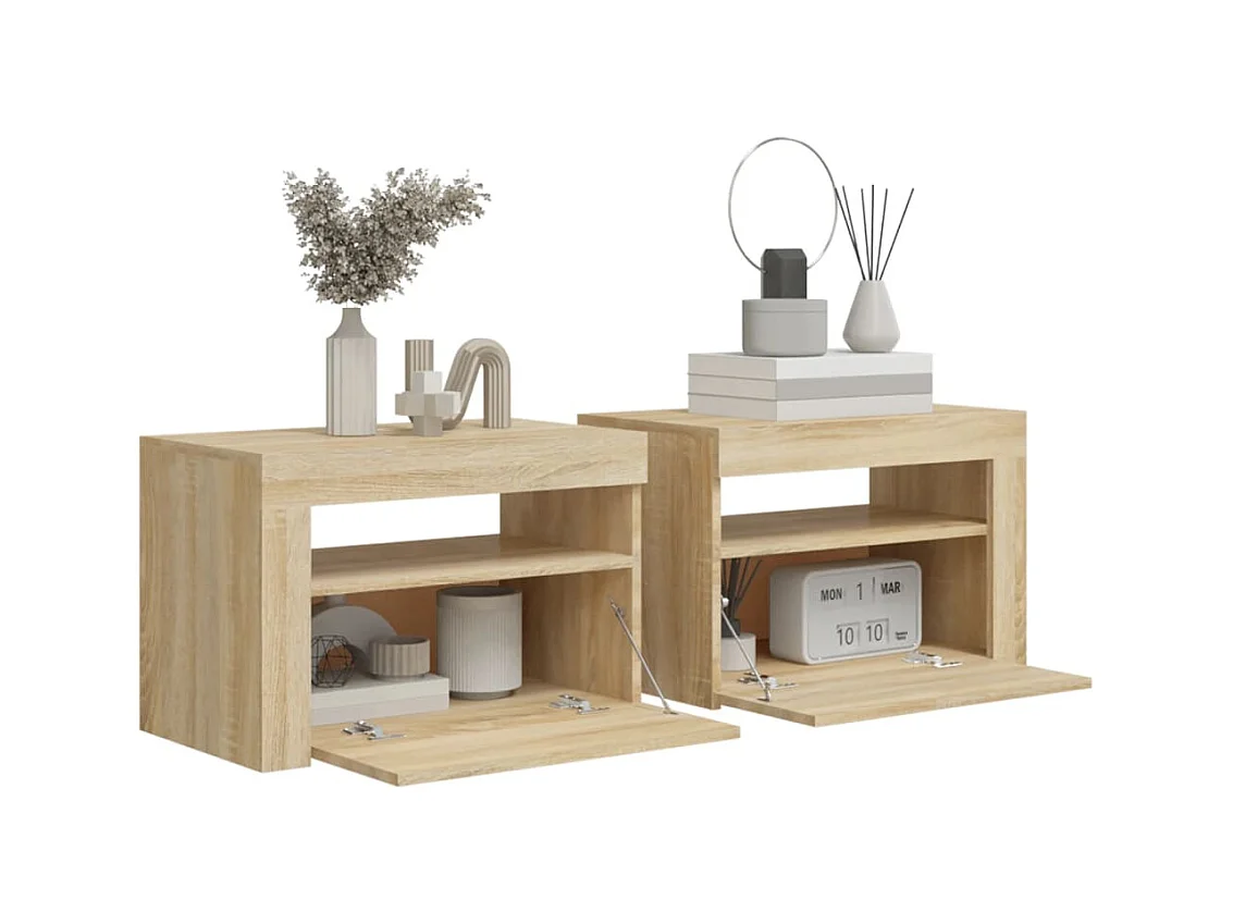 Mesitas de noche | Mesilla de noche con luces LEDs 2 uds roble Sonoma 60x35x40 cm
