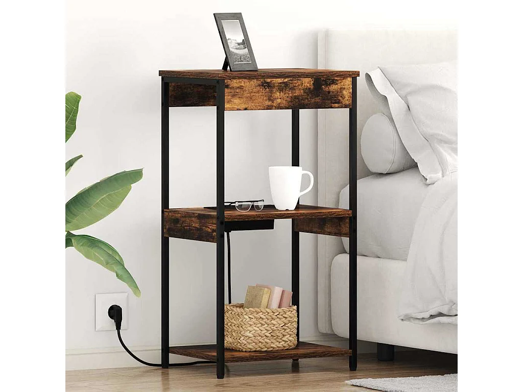 Mesita de Noche | Mesa auxiliar con Estación de Carga Roble ahumado