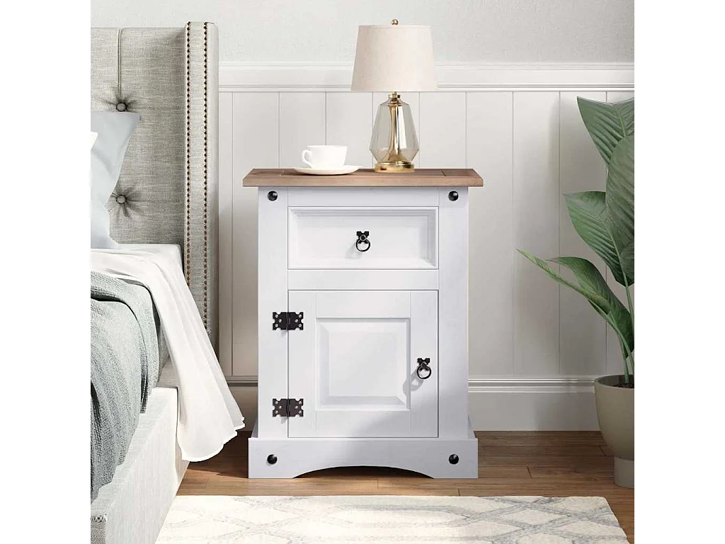 Nachttisch-Beistelltisch im Mexiko-Stil Corona Kiefernholz Weiß 53x39x67 cm SHL94490