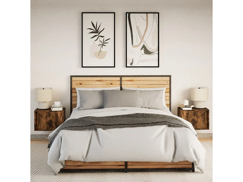 Mesitas de noche | Mesilla de noche de pared con luces LED 2 uds roble ahumado