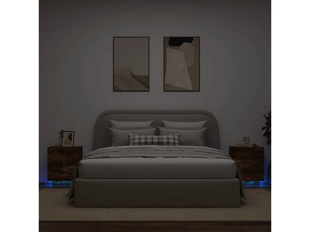 Nachttische mit LED-Leuchten 2er Set | Beistelltisch Räuchereiche Holzwerkstoff SHL61138