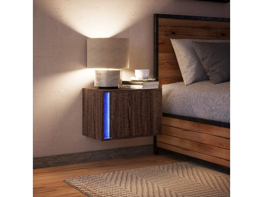 Mesita de noche | Mesilla de noche de pared con luces LED roble marrón