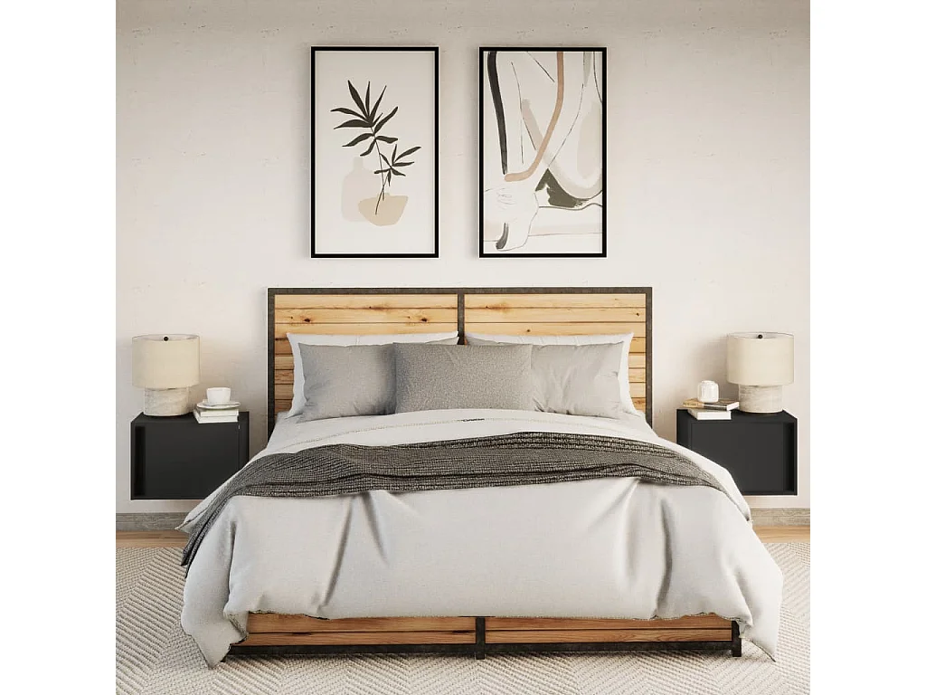 Mesitas de noche | Mesilla de noche de pared con luces LED 2 unidades negro