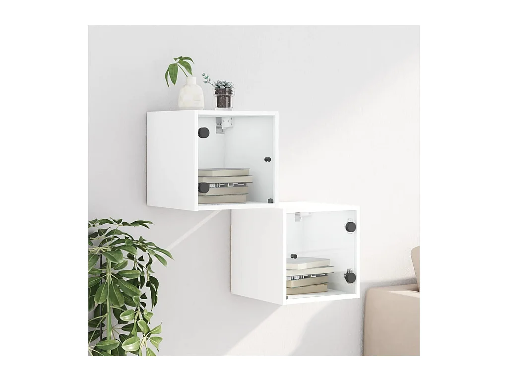 Mesitas de noche | Mesilla de noche con puertas de vidrio 2 uds blanco 35x37x35 cm