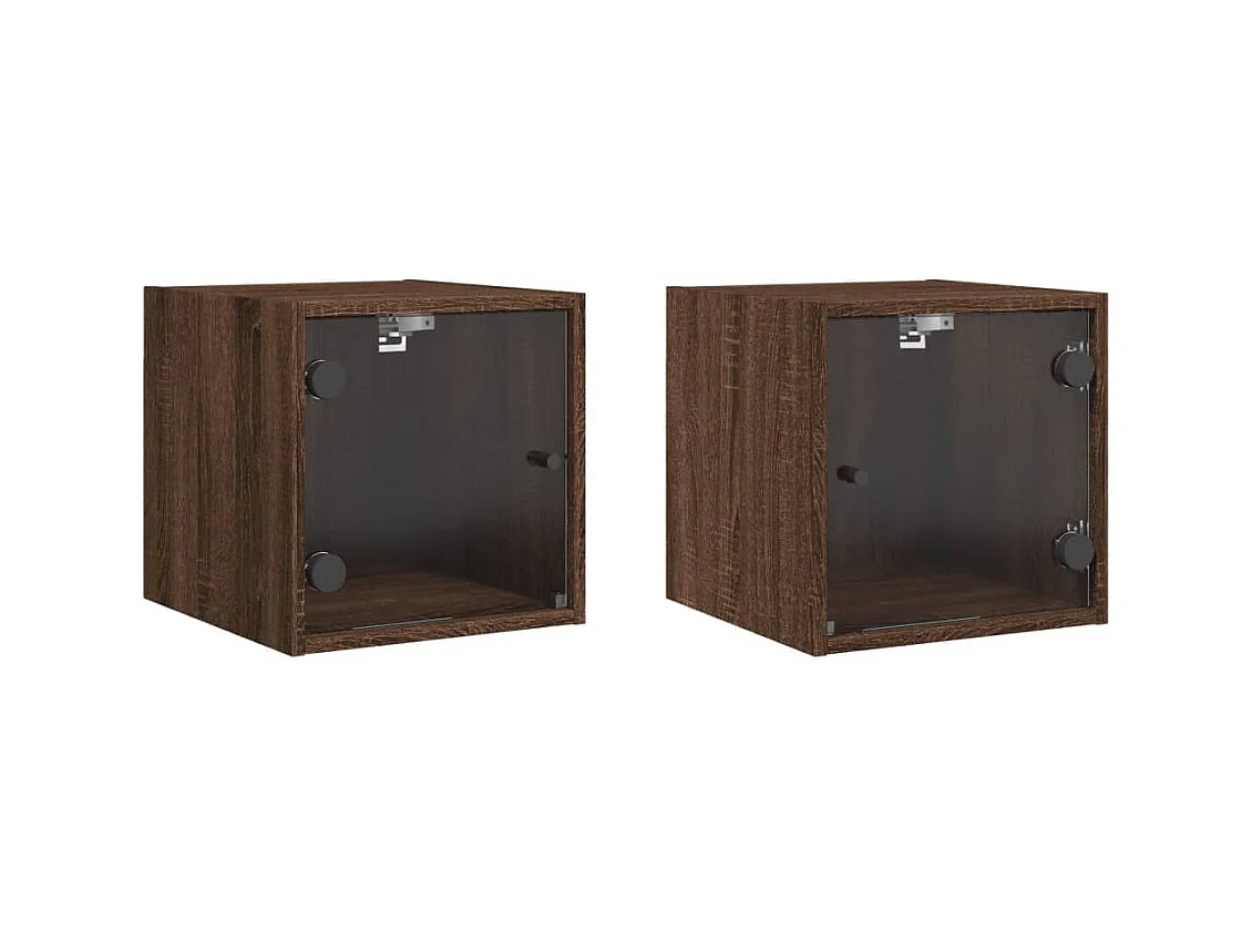 Mesitas de noche | Mesilla de noche con puertas vidrio 2 uds roble marrón 35x37x35 cm