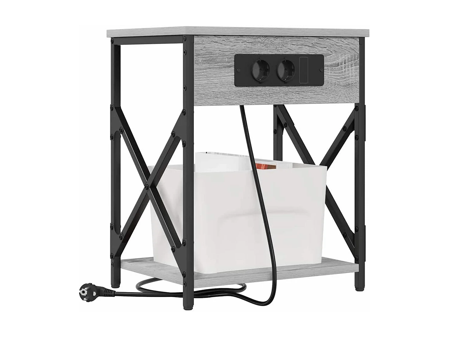 Mesita de Noche | Mesa auxiliar con Estación de Carga Gris sonoma