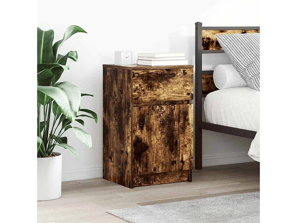 Nachttisch 2er Set-Beistelltisch-Nachttischkommode Räuchereiche 39x35x65 cm Holzwerkstoff SHL89141