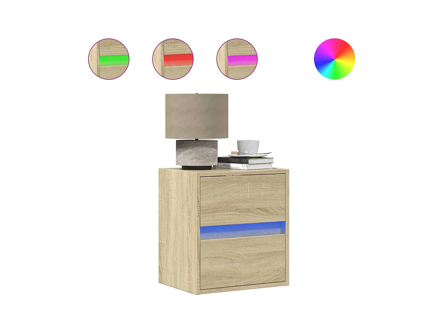 Mesita de noche | Mesilla de noche de pared con luces LED roble Sonoma