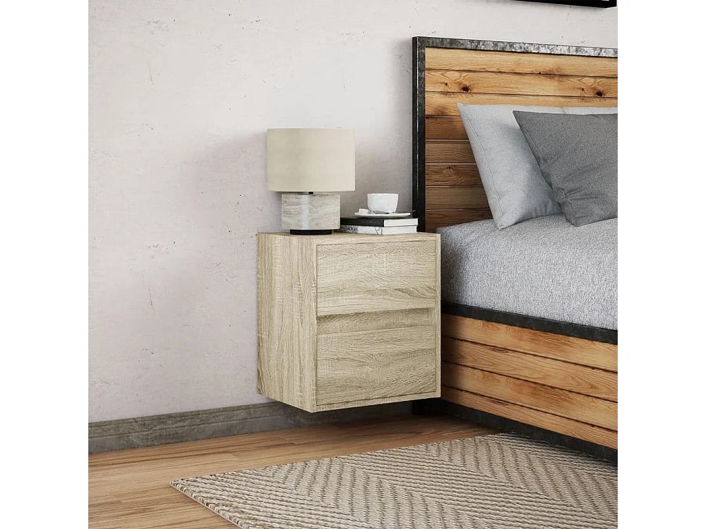 Mesita de noche | Mesilla de noche de pared con luces LED roble Sonoma