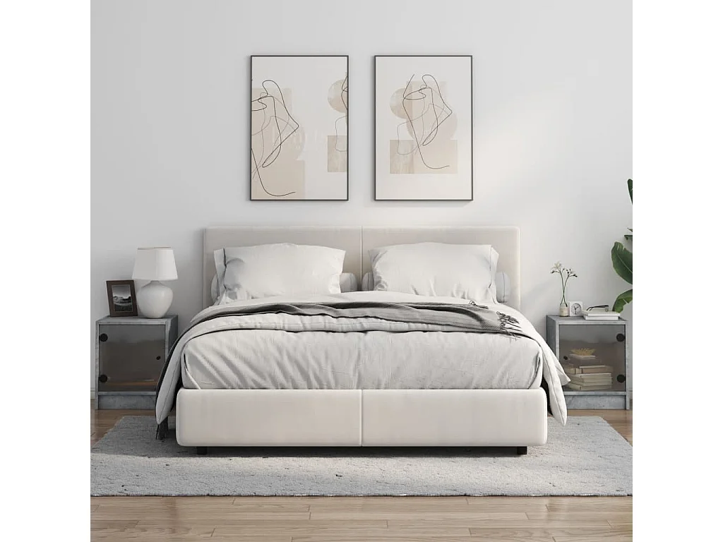 Nachttisch 2er Set-Beistelltisch mit Glastüren Betongrau 35x37x42 cm SHL99689