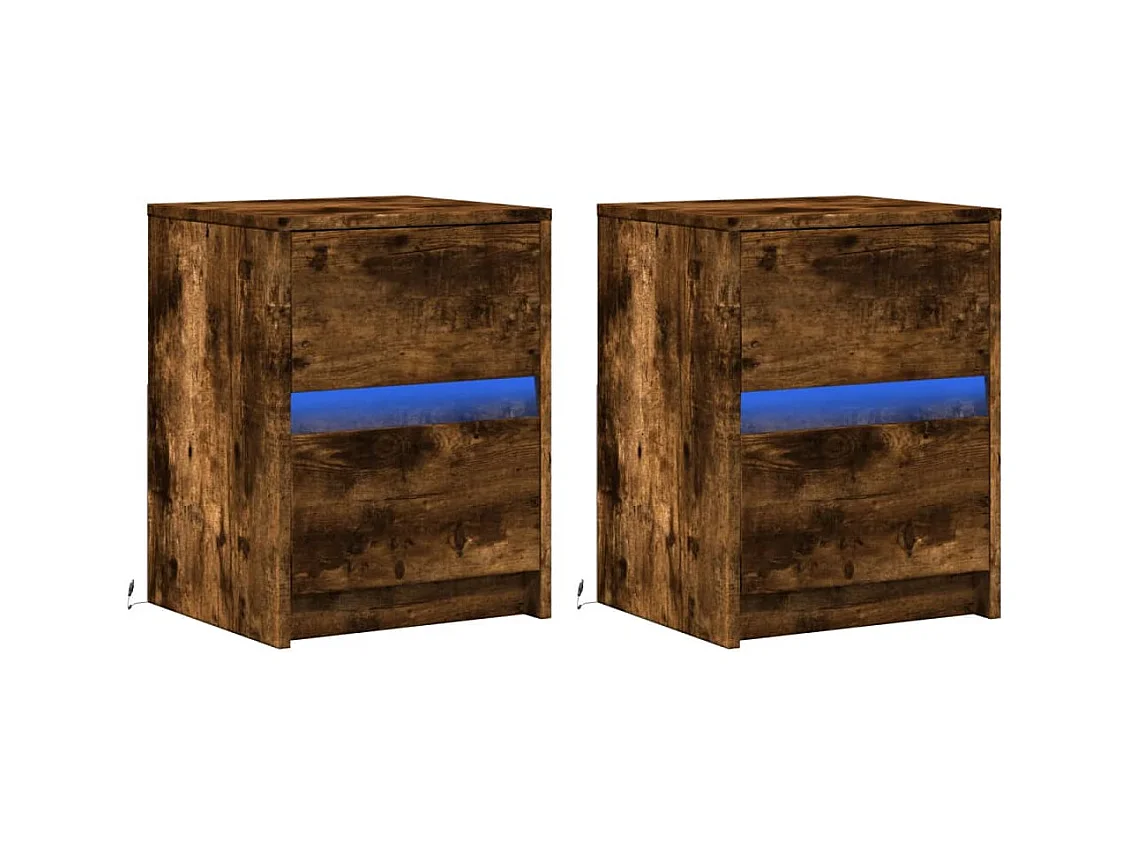 Mesita de noche | Mesilla de noche luces LED 2 uds madera ingeniería roble ahumado