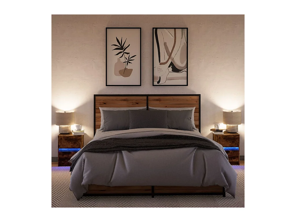 Mesita de noche | Mesilla de noche luces LED 2 uds madera ingeniería roble ahumado