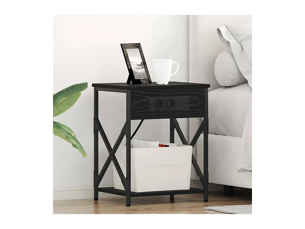 Mesita de Noche | Mesa auxiliar con Estación de Carga 2 uds. Roble negro