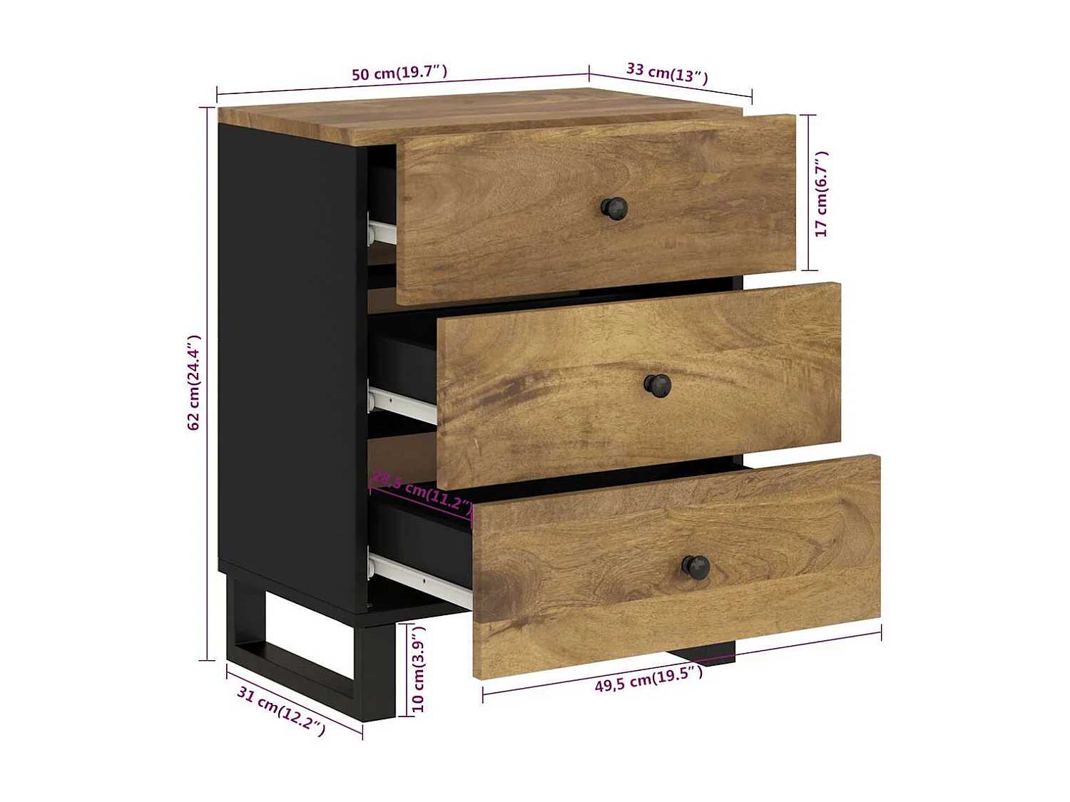 Nachttisch-Beistelltisch 50x33x62 cm Massivholz Mango & Holzwerkstoff SHL2808