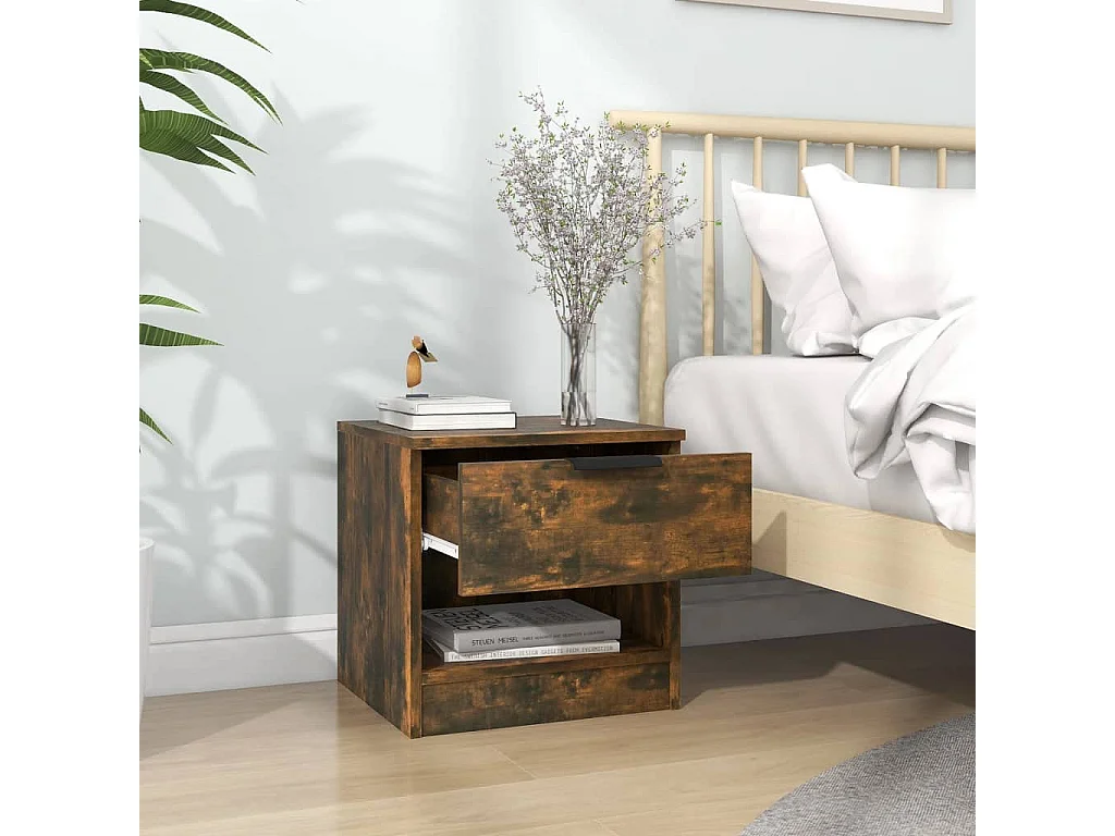 Nachttisch 2er Set-Beistelltisch-Nachttischkommode Räuchereiche Holzwerkstoff SHL77448